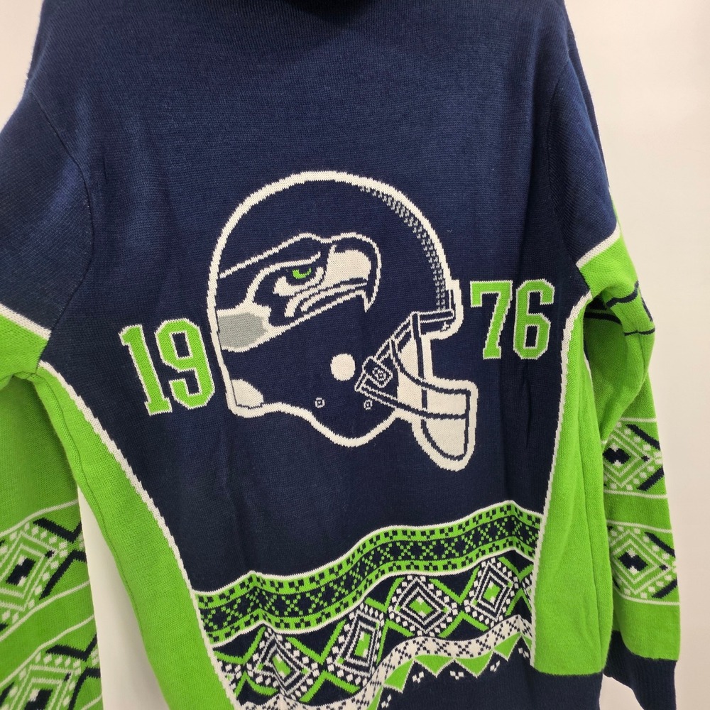 NFL TEAM APPAREL SEATTLE SEAHAWKS SWEATER MENS MEDIUM BLUE GREEN HOODED UGLY NEW - Picture 7 of 12